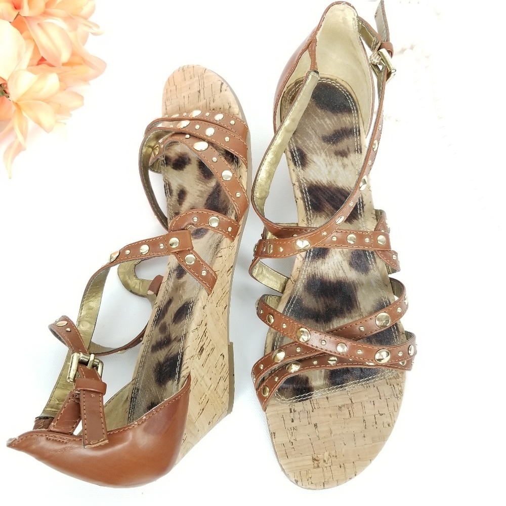 Guess Wedge Sandals Leopard and Gold Sz 9M